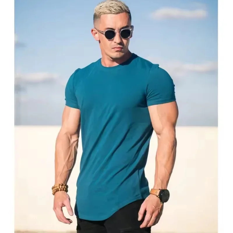 Muscle training T-shirt Men's Summer Workout short sleeve T-shirt High Quality cotton fitness Men T-shirt Gym Solid color Tops